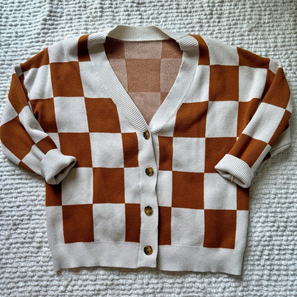 Womens Fall Plaid Checkered V Neck Button Down Oversized Sweater Top MED